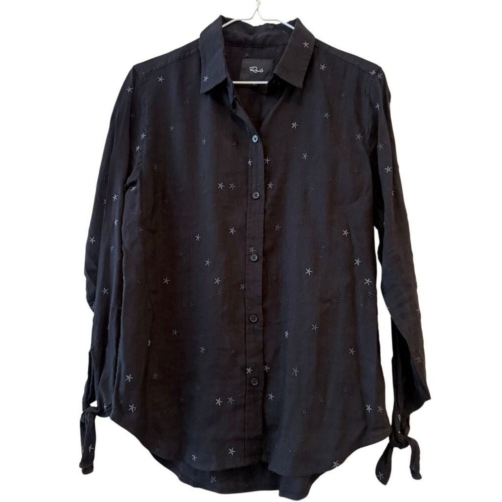 Rails Robyn Linen Blend Embroidered Stars Tie Cuff Black Button Down Shirt Small